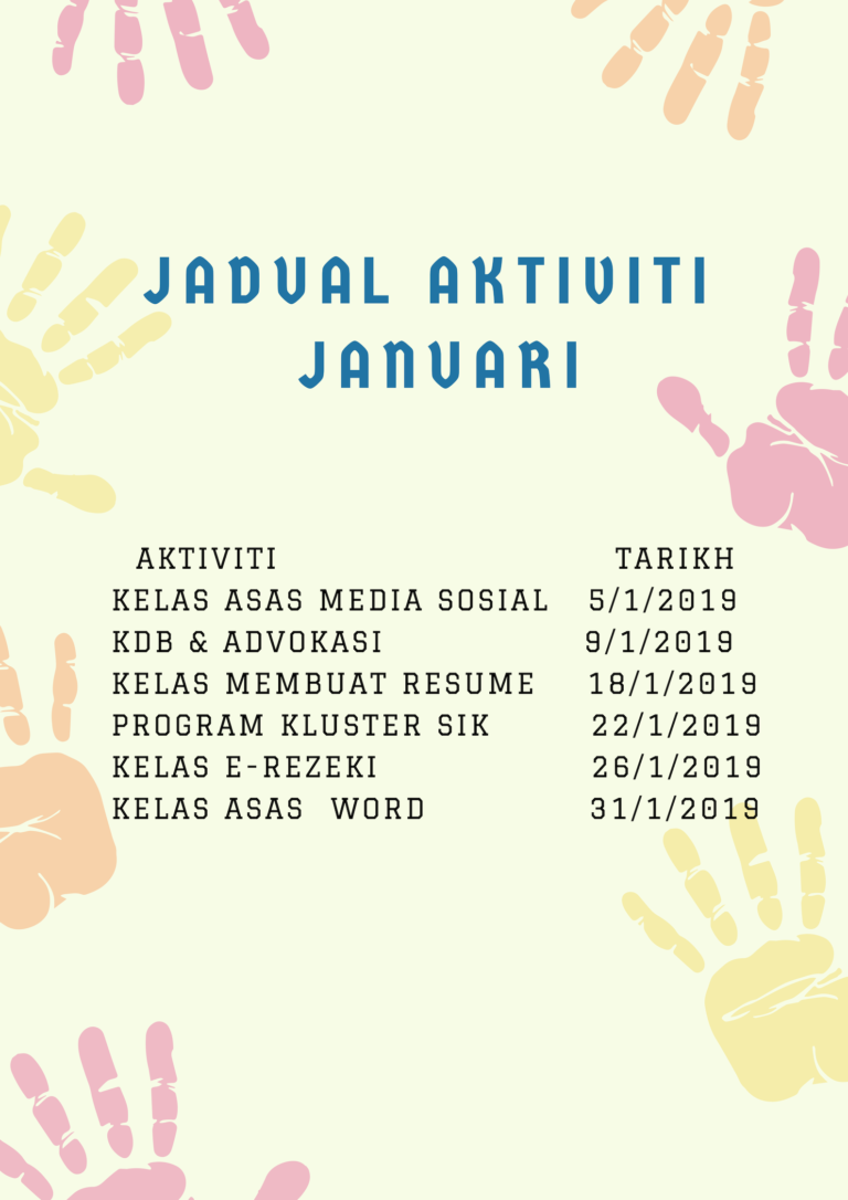 AKTIVITI TARIKH KELAS ASAS MEDIA SOSIAL 5 1 2019 KDB ADVOKASI 9 1 2019 KELAS MEMBUAT RESUME 18 1 2019 PROGRAM KLUSTER SIK 22 1 2019 KELAS E REZEKI 26 1 2019 KELAS ASAS WORD 31 1 2019