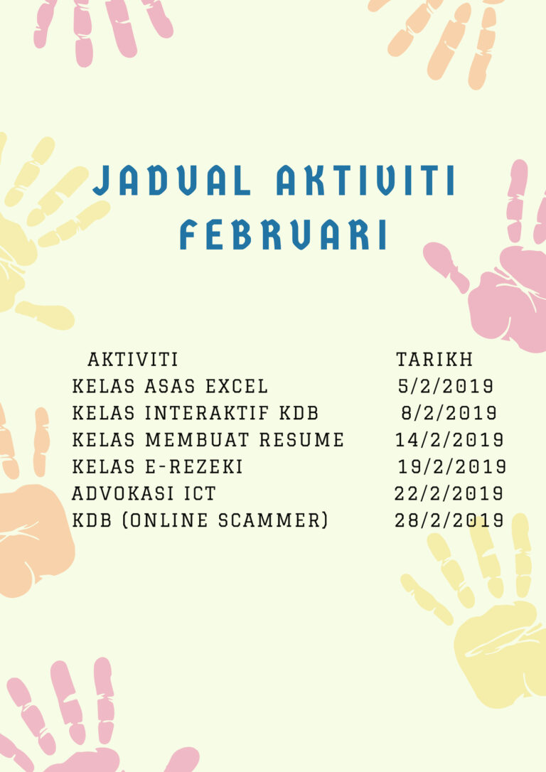 AKTIVITI TARIKH KELAS ASAS MEDIA SOSIAL 5 1 2019 KDB ADVOKASI 9 1 2019 KELAS MEMBUAT RESUME 18 1 2019 PROGRAM KLUSTER SIK 22 1 2019 KELAS E REZEKI 26 1 2019 KELAS ASAS WORD 31 1 2019 1