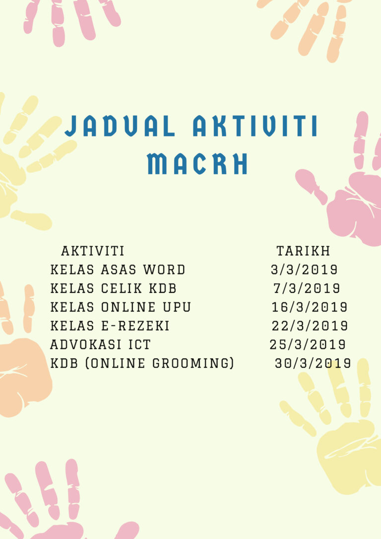 AKTIVITI TARIKH KELAS ASAS MEDIA SOSIAL 5 1 2019 KDB ADVOKASI 9 1 2019 KELAS MEMBUAT RESUME 18 1 2019 PROGRAM KLUSTER SIK 22 1 2019 KELAS E REZEKI 26 1 2019 KELAS ASAS WORD 31 1 2019
