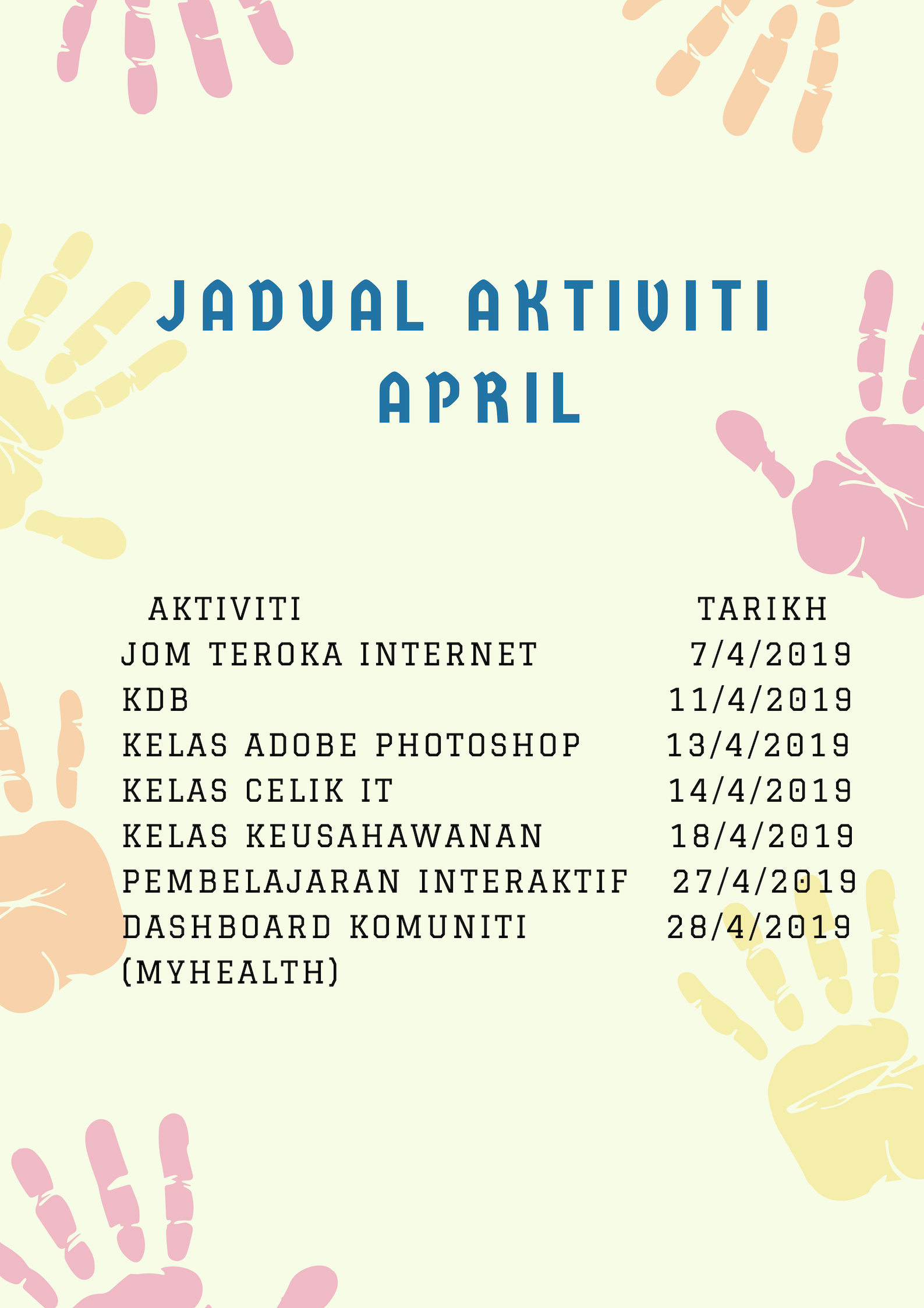 AKTIVITI TARIKH KELAS ASAS MEDIA SOSIAL 5 1 2019 KDB ADVOKASI 9 1 2019 KELAS MEMBUAT RESUME 18 1 2019 PROGRAM KLUSTER SIK 22 1 2019 KELAS E REZEKI 26 1 2019 KELAS ASAS WORD 31 1 2019
